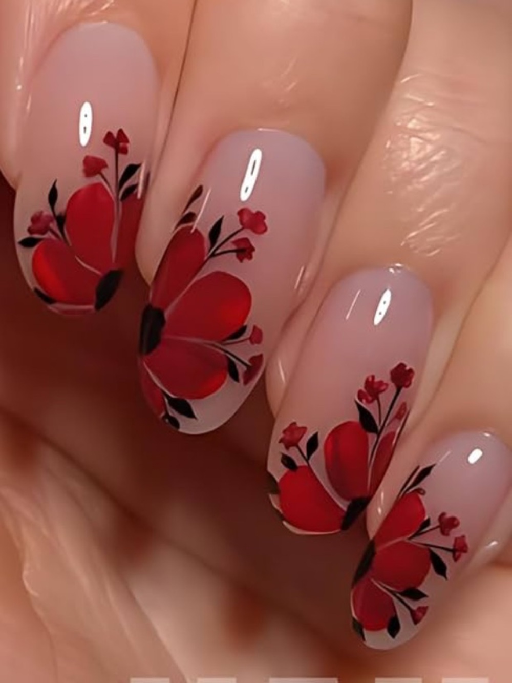 Red Floral Art Almond Press On Nails Set Flowers Nails Set New
